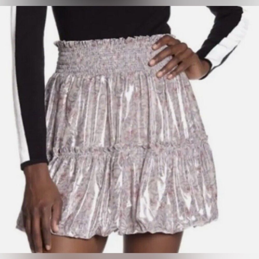 FREE PEOPLE Metallic Shiny Silver & Lavender Combo Floral Bubble Mini Skirt
